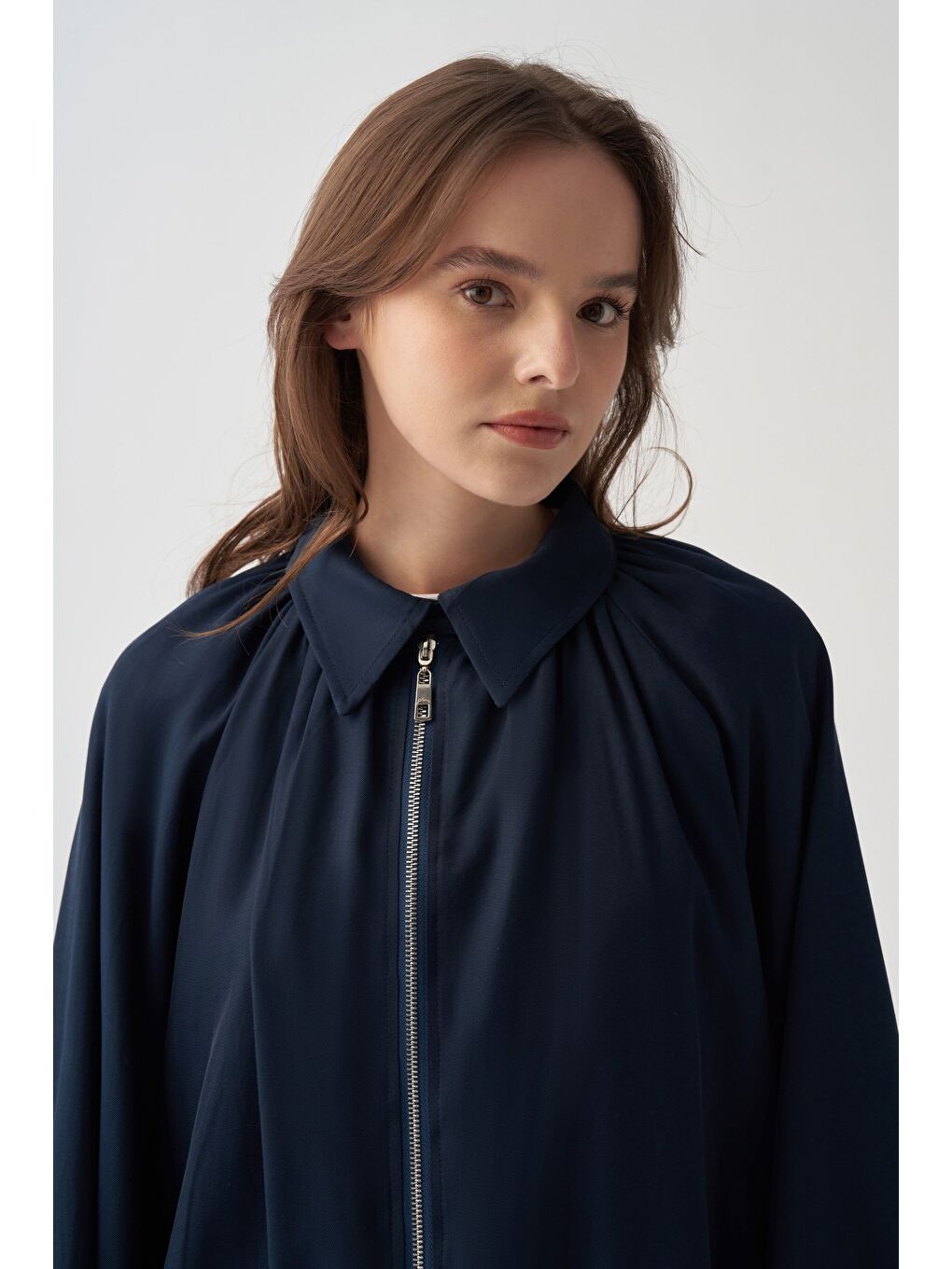 Lacivert-Fermuarlı Balon Form Astarlı Ceket-4