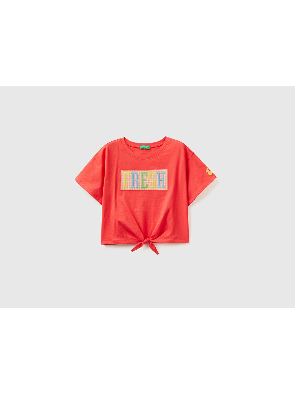 United Colors Of Benetton Kız Çocuk Pembe Önden Bağlamalı Renk Blok İşlemeli Crop T-Shirt