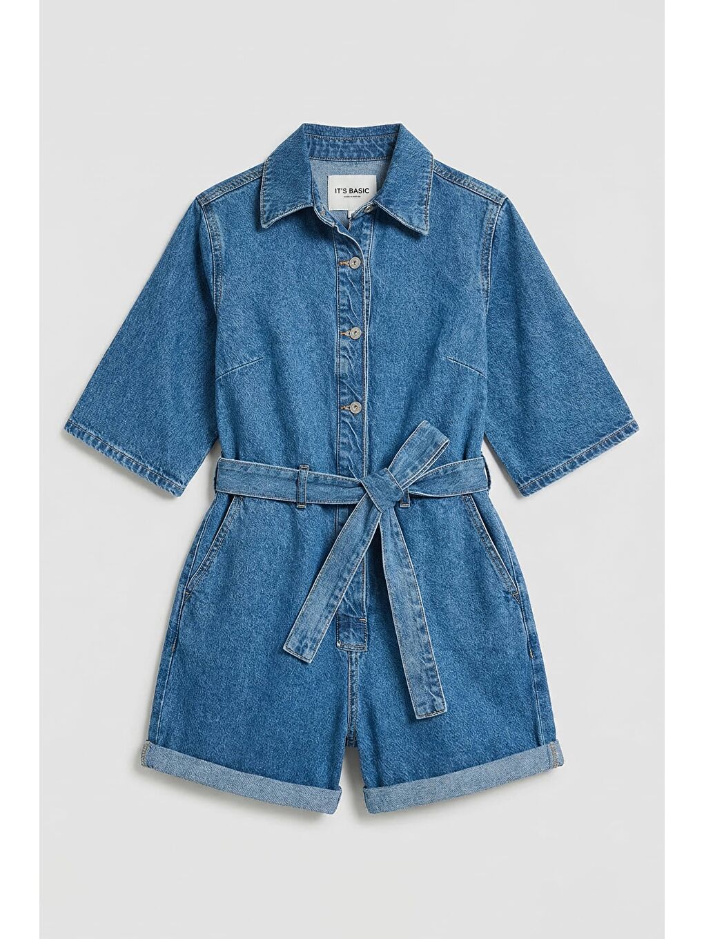 Kadın Mavi 1s6-4 Straight Kemer ve Düğme Detaylı Denim Tulum Şort-1