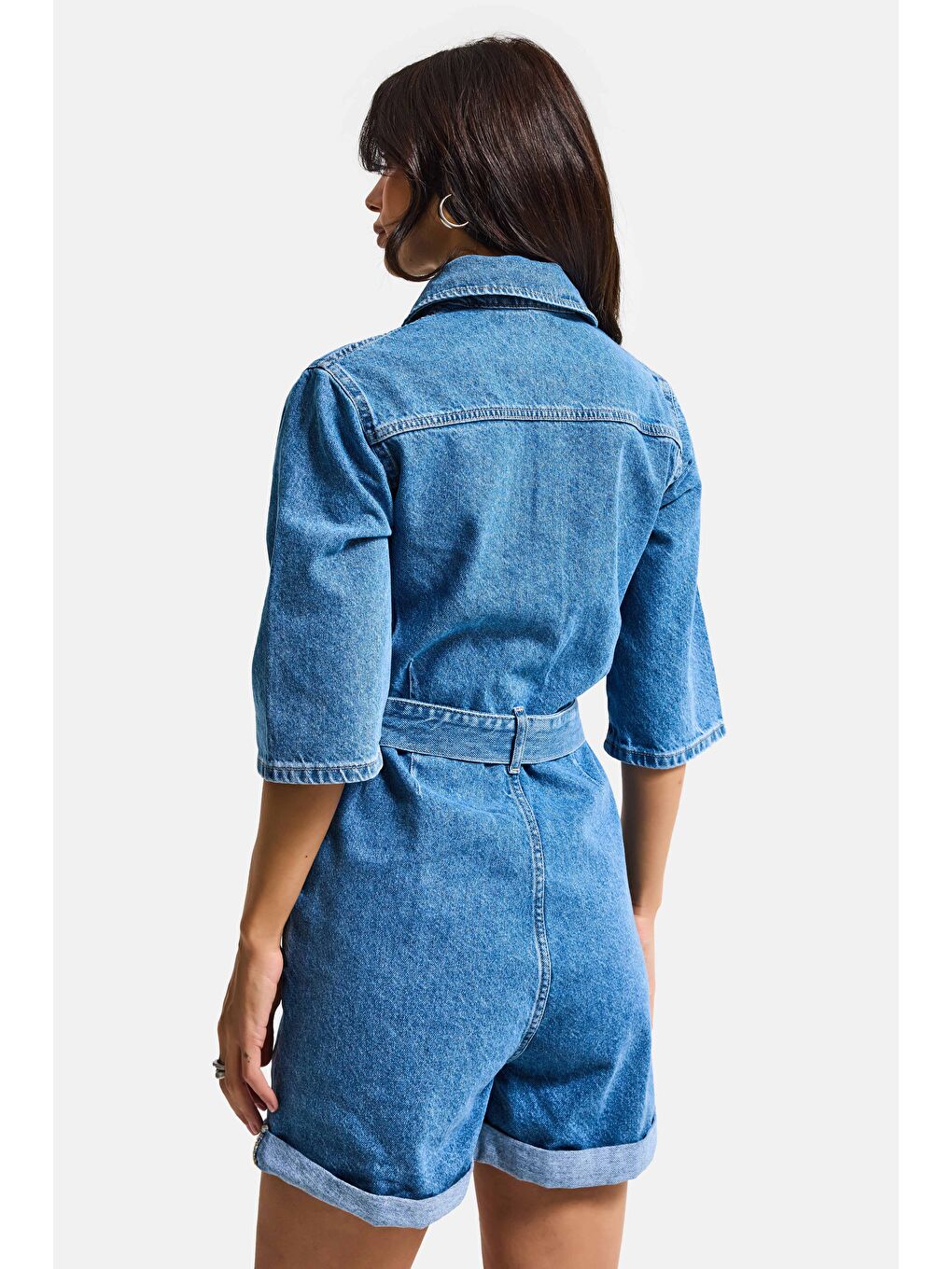 Kadın Mavi 1s6-4 Straight Kemer ve Düğme Detaylı Denim Tulum Şort-2