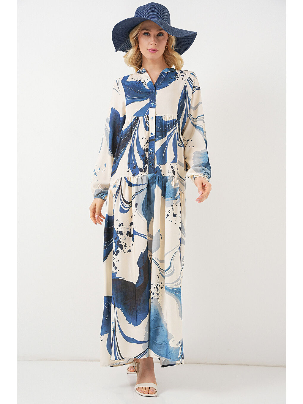 Kadın Desenli Uzun Tesettür Elbise 2585 - Lacivert-1