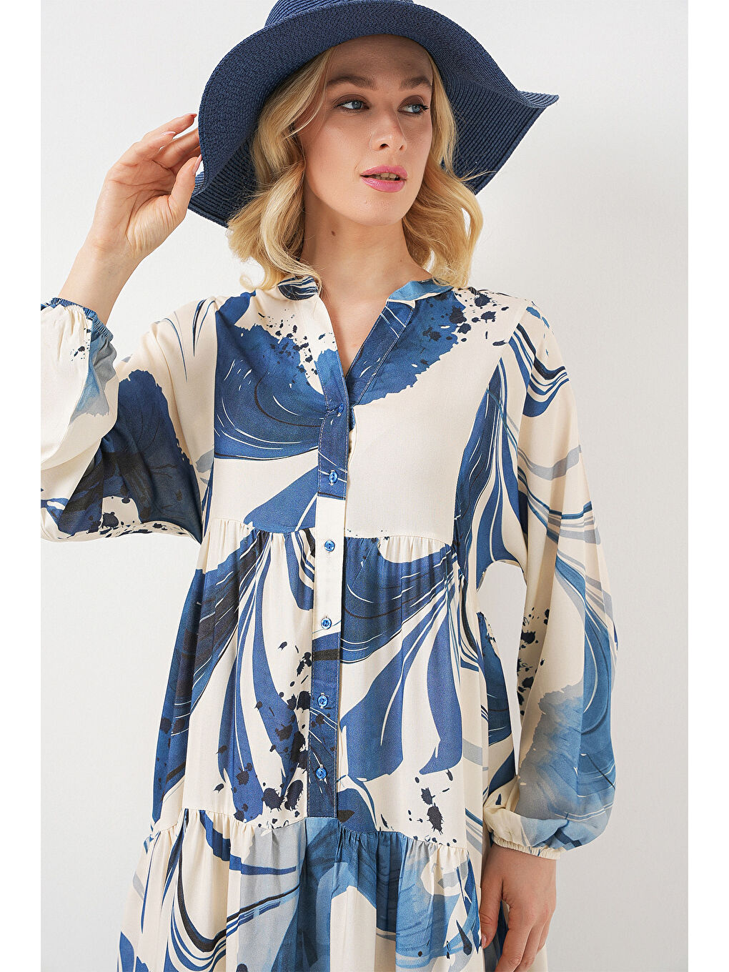 Kadın Desenli Uzun Tesettür Elbise 2585 - Lacivert-2