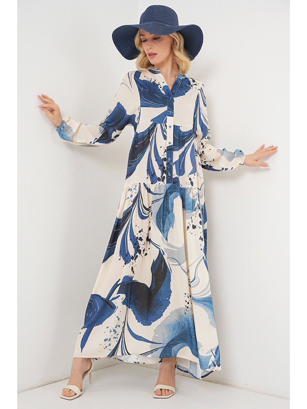 Kadın Desenli Uzun Tesettür Elbise 2585 - Lacivert-3