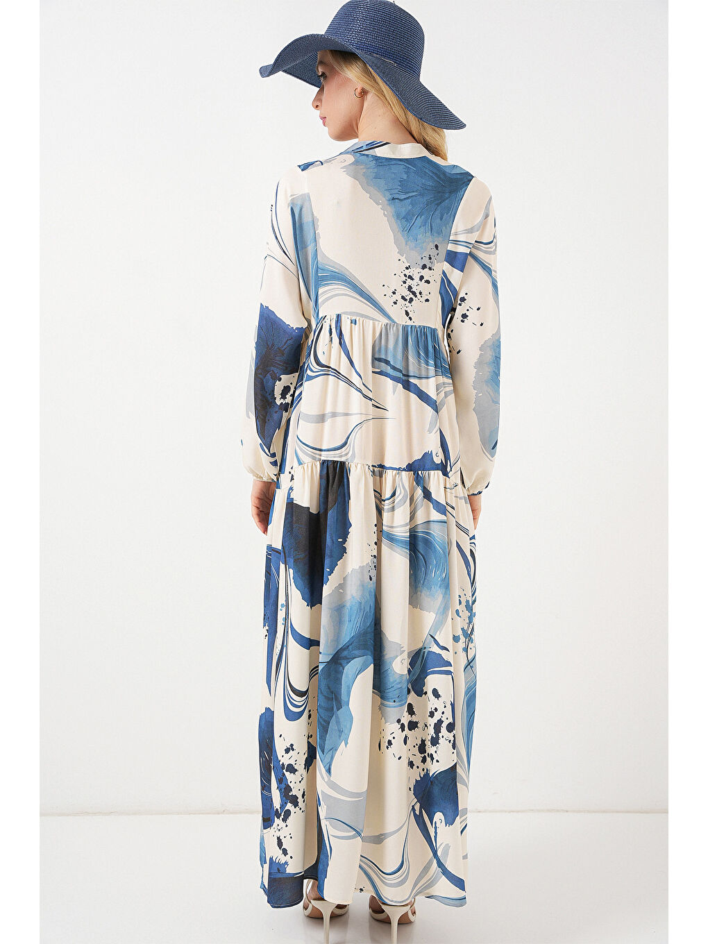 Kadın Desenli Uzun Tesettür Elbise 2585 - Lacivert-5