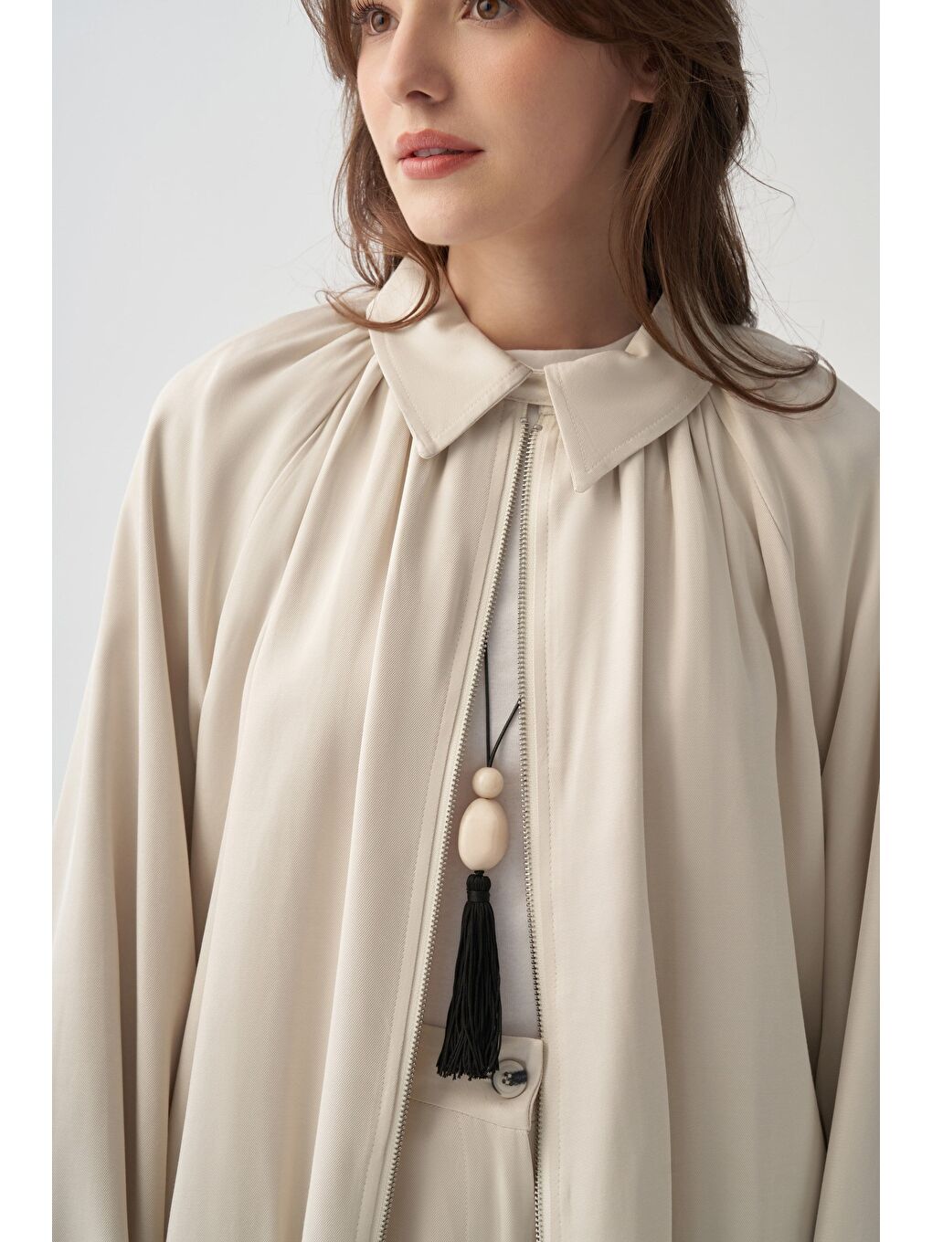 Bej Taş-Fermuarlı Balon Form Astarlı Ceket-4