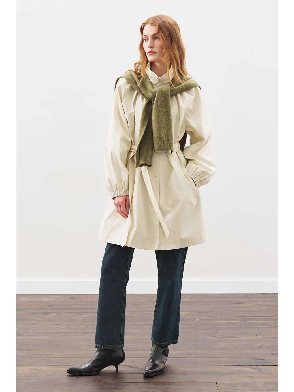 Bej Oversıze Bağlamalı Midi Trençkot Taş-1