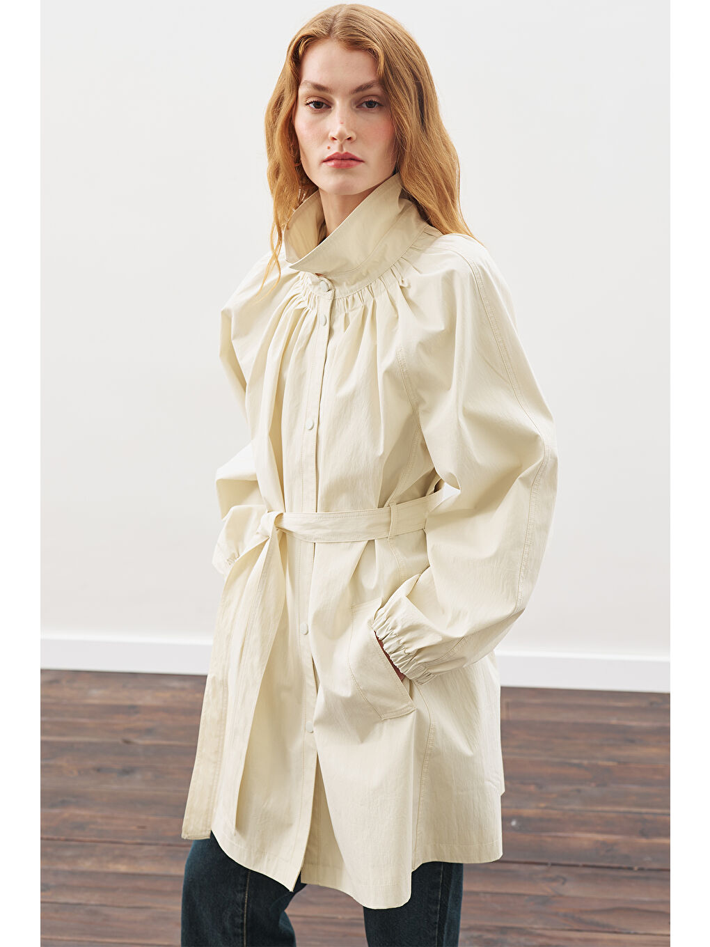 Bej Oversıze Bağlamalı Midi Trençkot Taş-3