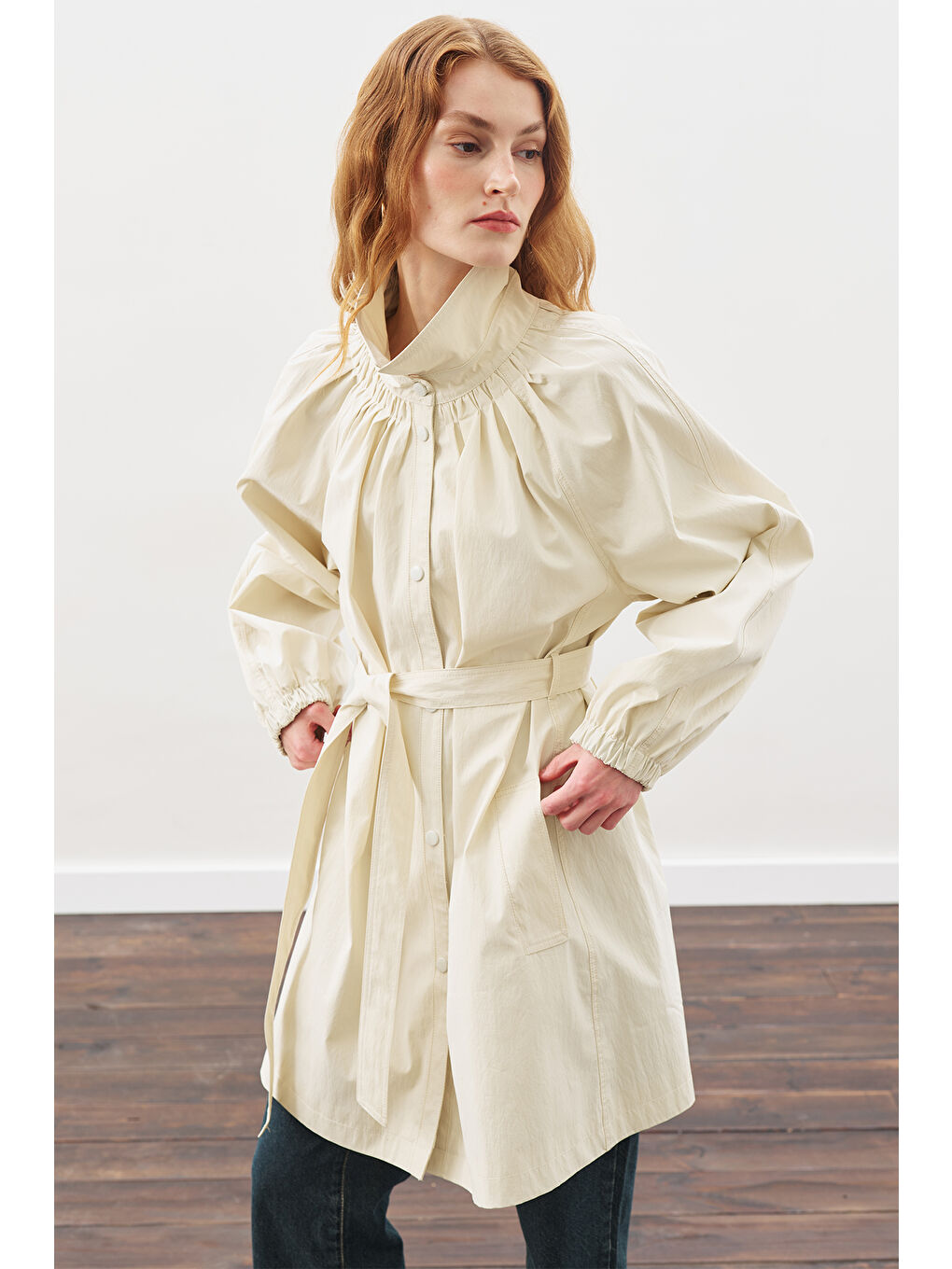 Bej Oversıze Bağlamalı Midi Trençkot Taş-4