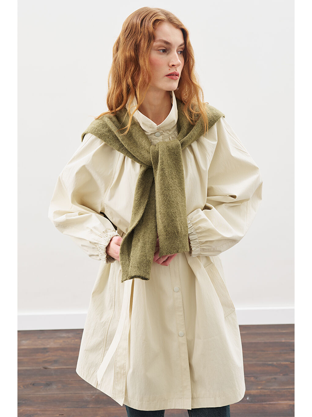 Bej Oversıze Bağlamalı Midi Trençkot Taş-6