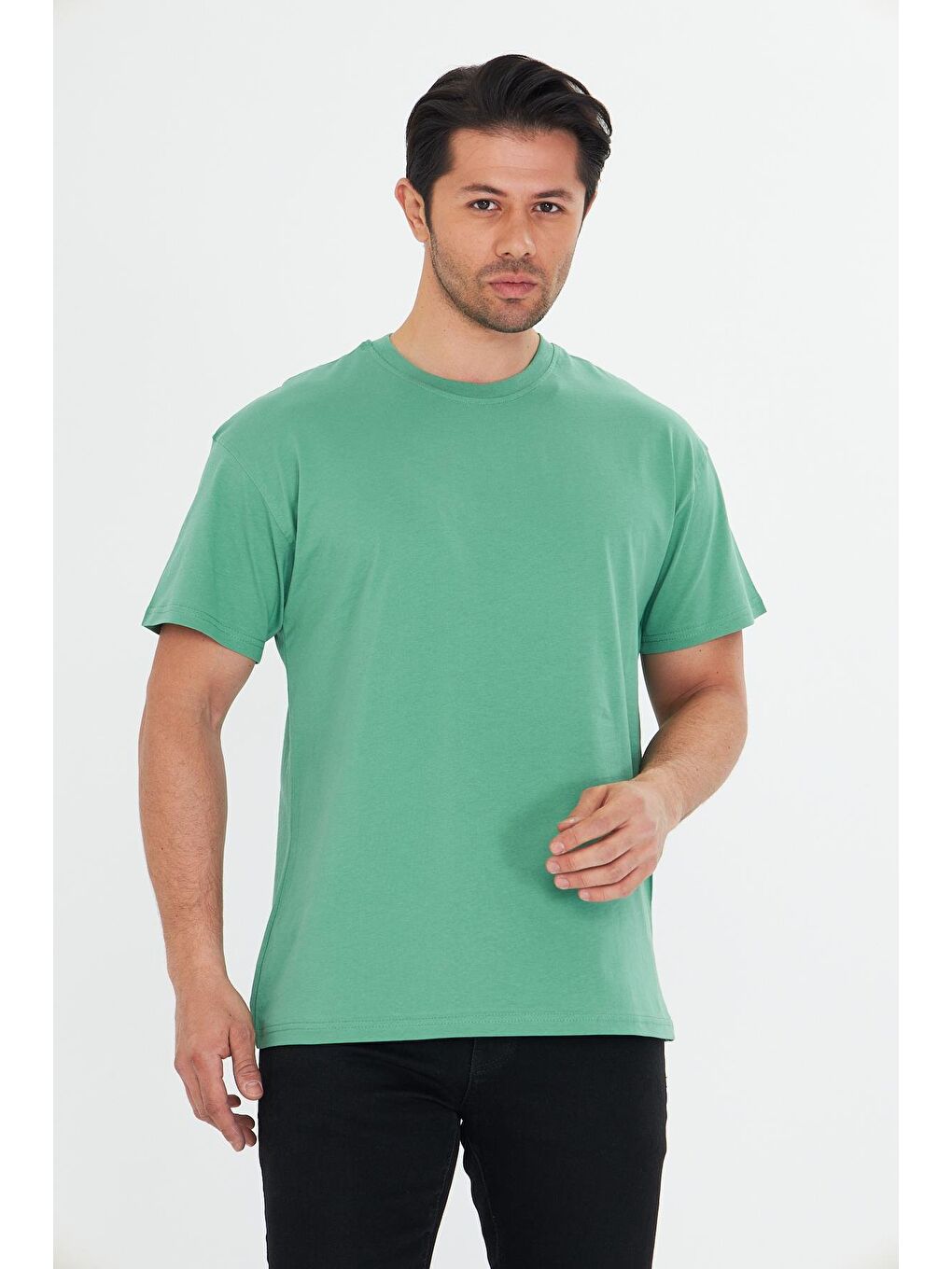 Erkek Pamuklu Bisiklet Yaka Oversize Tişört Yeşil 5015-Y-2