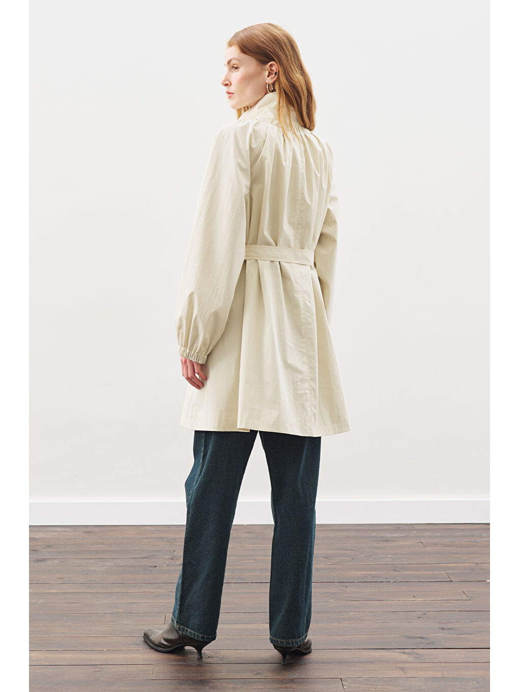 Bej Oversıze Bağlamalı Midi Trençkot Taş-7