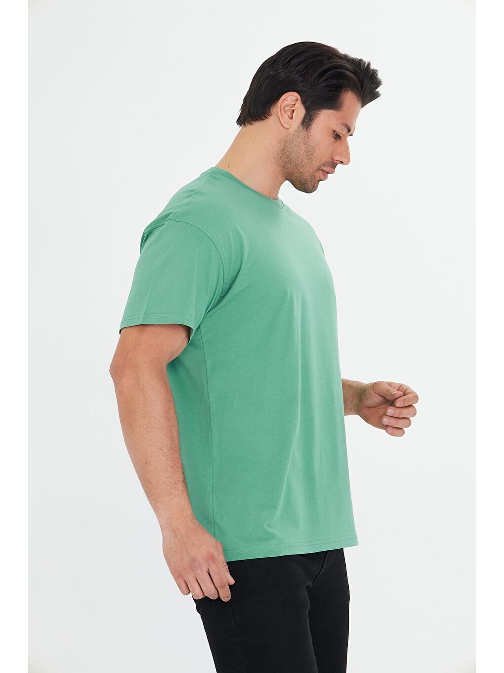 Erkek Pamuklu Bisiklet Yaka Oversize Tişört Yeşil 5015-Y-3