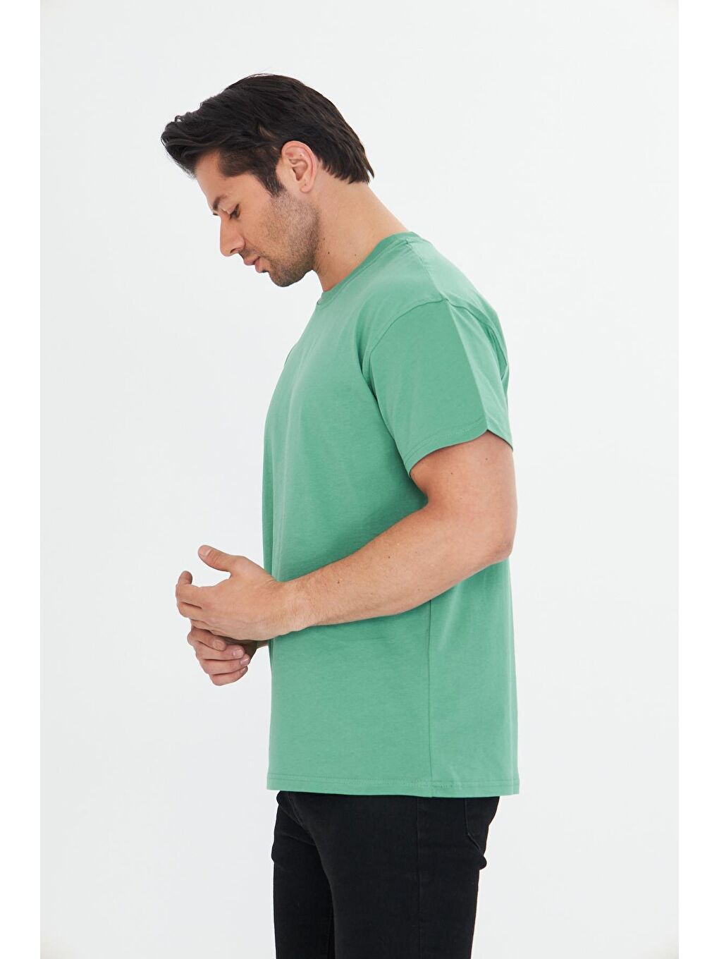 Erkek Pamuklu Bisiklet Yaka Oversize Tişört Yeşil 5015-Y-4