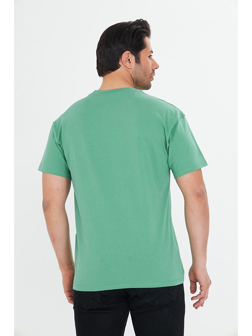 Erkek Pamuklu Bisiklet Yaka Oversize Tişört Yeşil 5015-Y-5