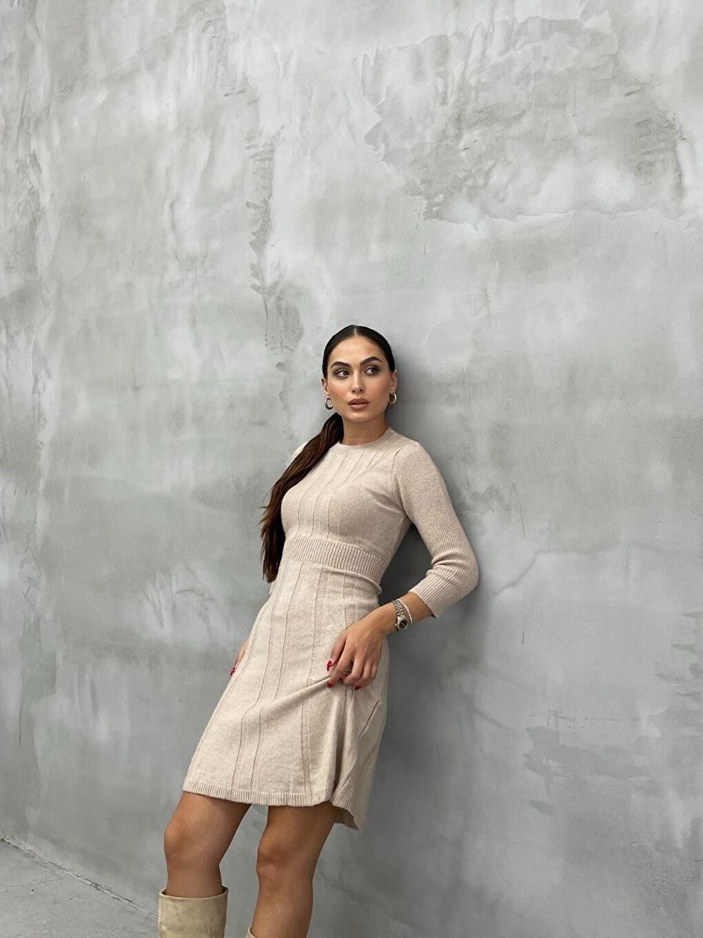 Örme Triko Elbise Bej