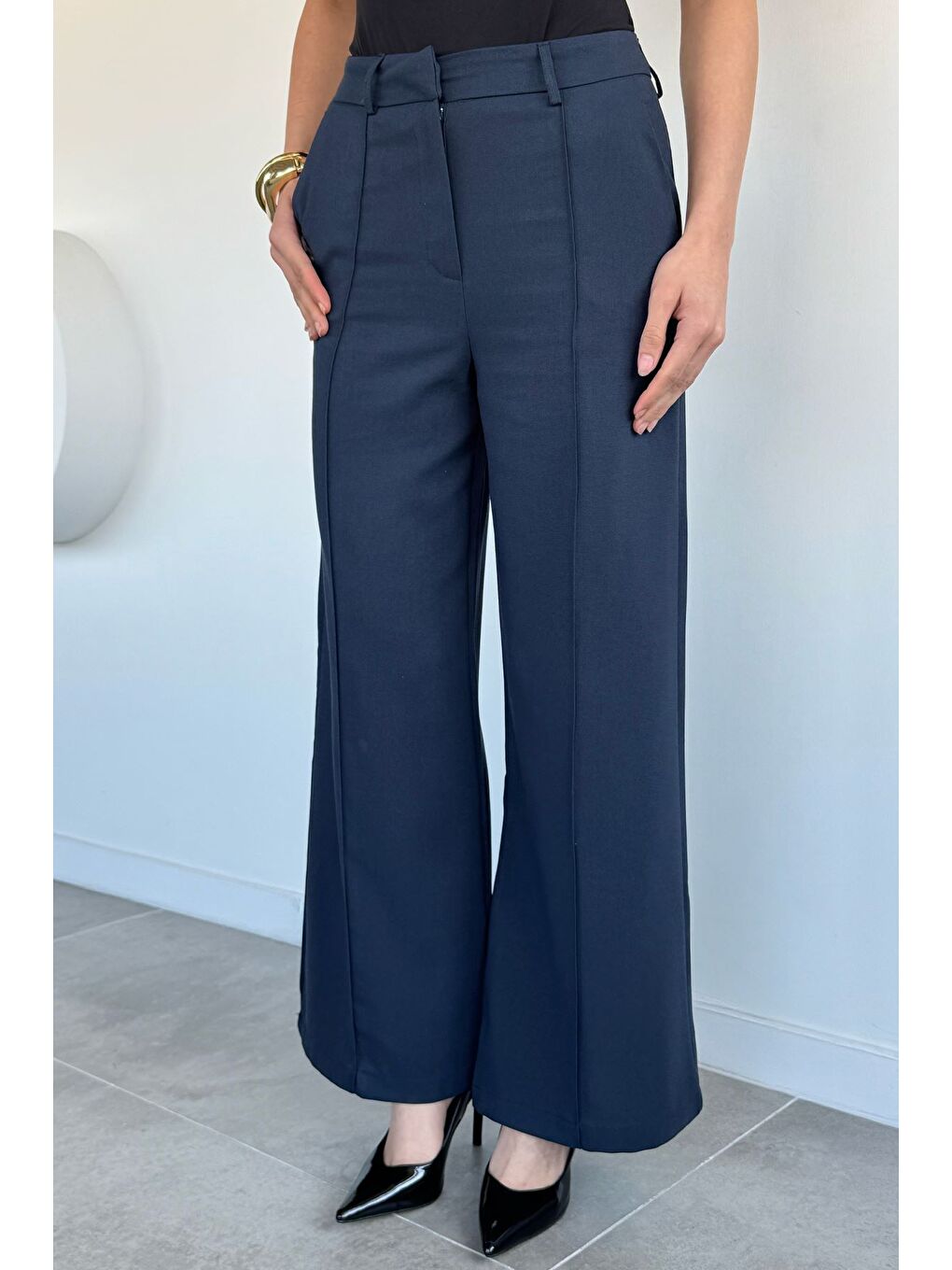 Lacivert Kadın Çimalı Bol Paça Pantolon
