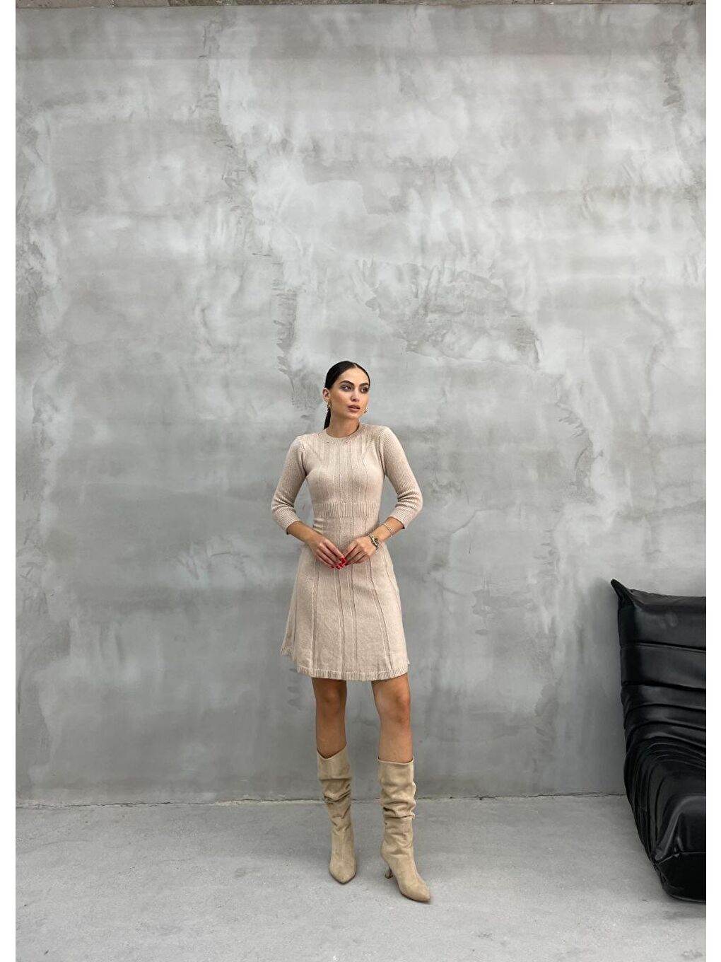 Örme Triko Elbise Bej-1