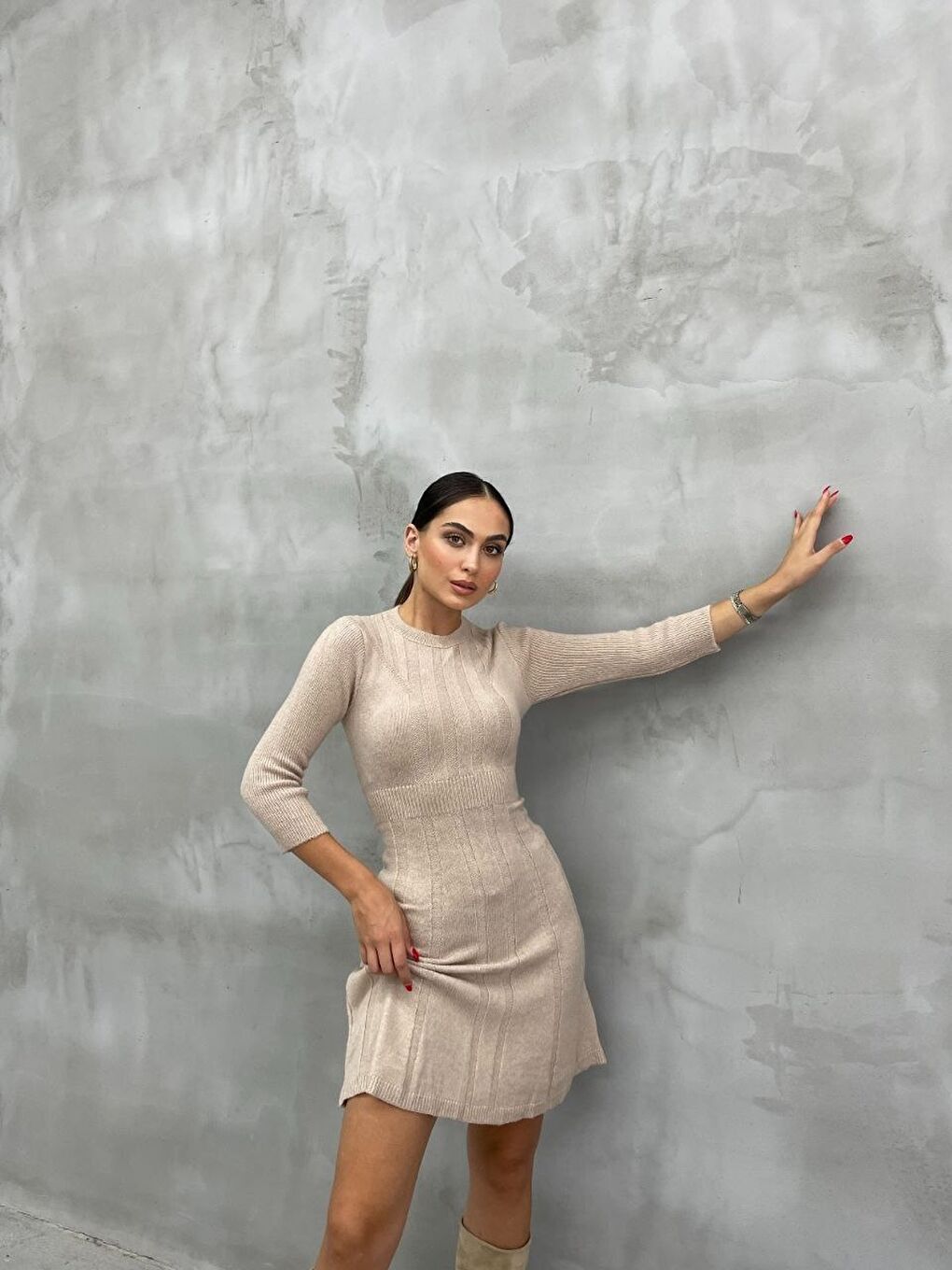 Örme Triko Elbise Bej-2