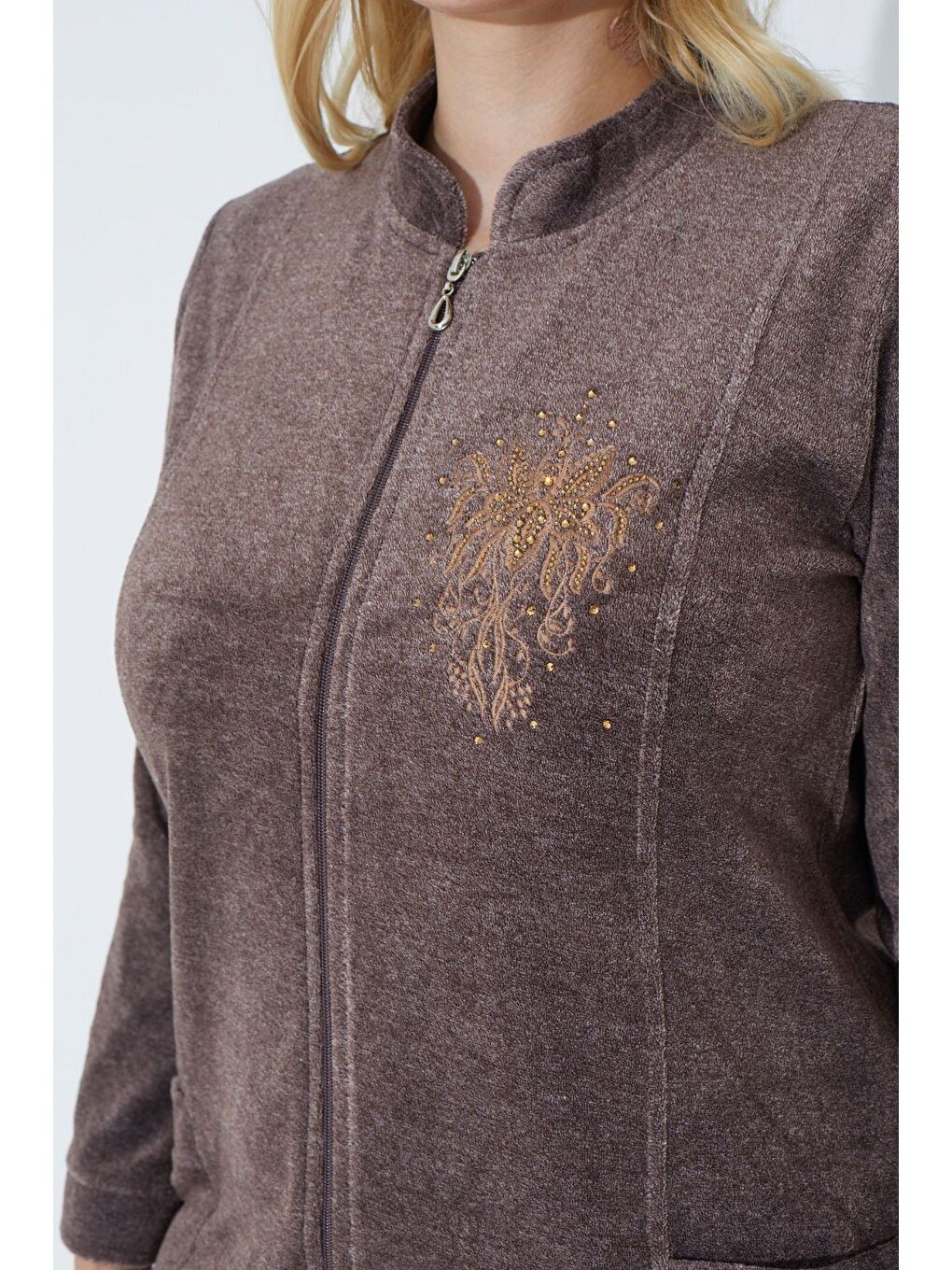 Kahverengi Lacivert Uzun Kollu Fermuarlı Nakışlı Kadın Büyük Beden Pamuklu Kadife Elbise-2