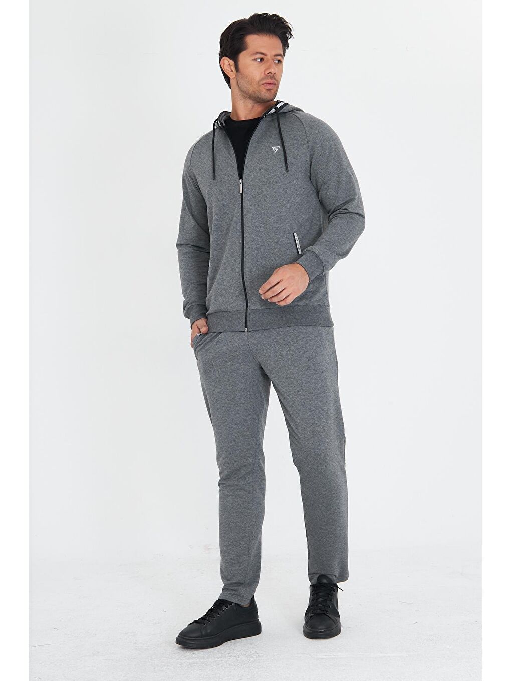 Erkek Pamuklu Kapüşonlu Eşofman Takımı Antrasit 5756-A-1