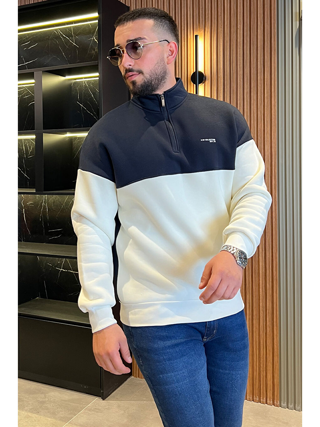 Mishar İtalia Lacivert Yarım Fermuarlı Dik Yaka Üç İplik Şardonlu Erkek Sweatshirt - 1