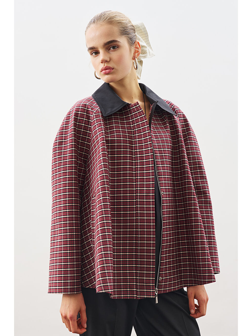 Karışık Kontrast Yakalı Trençkot Ekose-2