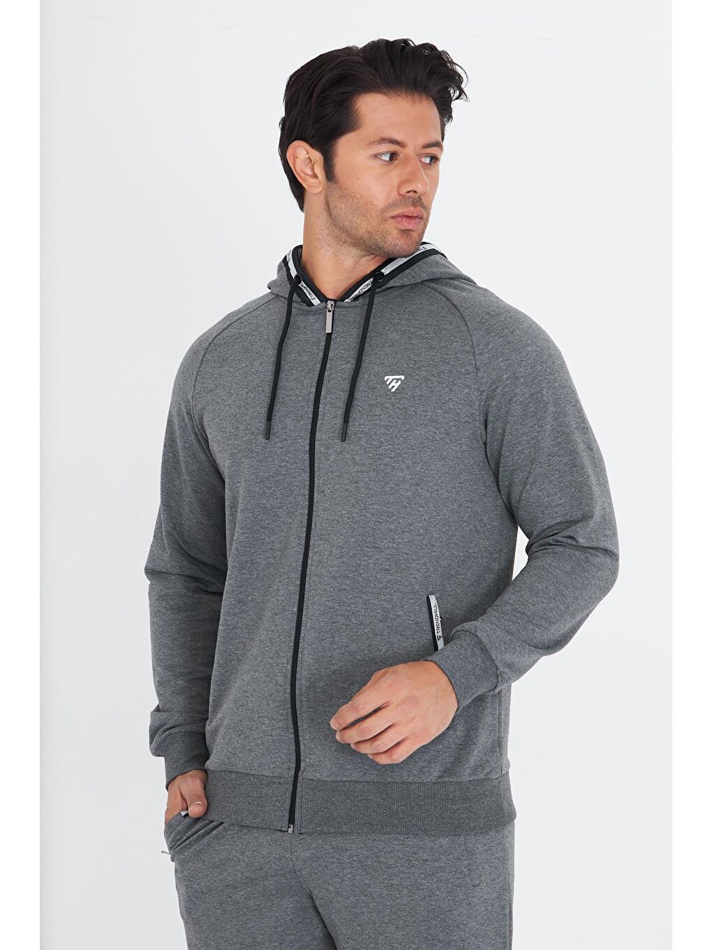 Erkek Pamuklu Kapüşonlu Eşofman Takımı Antrasit 5756-A-2