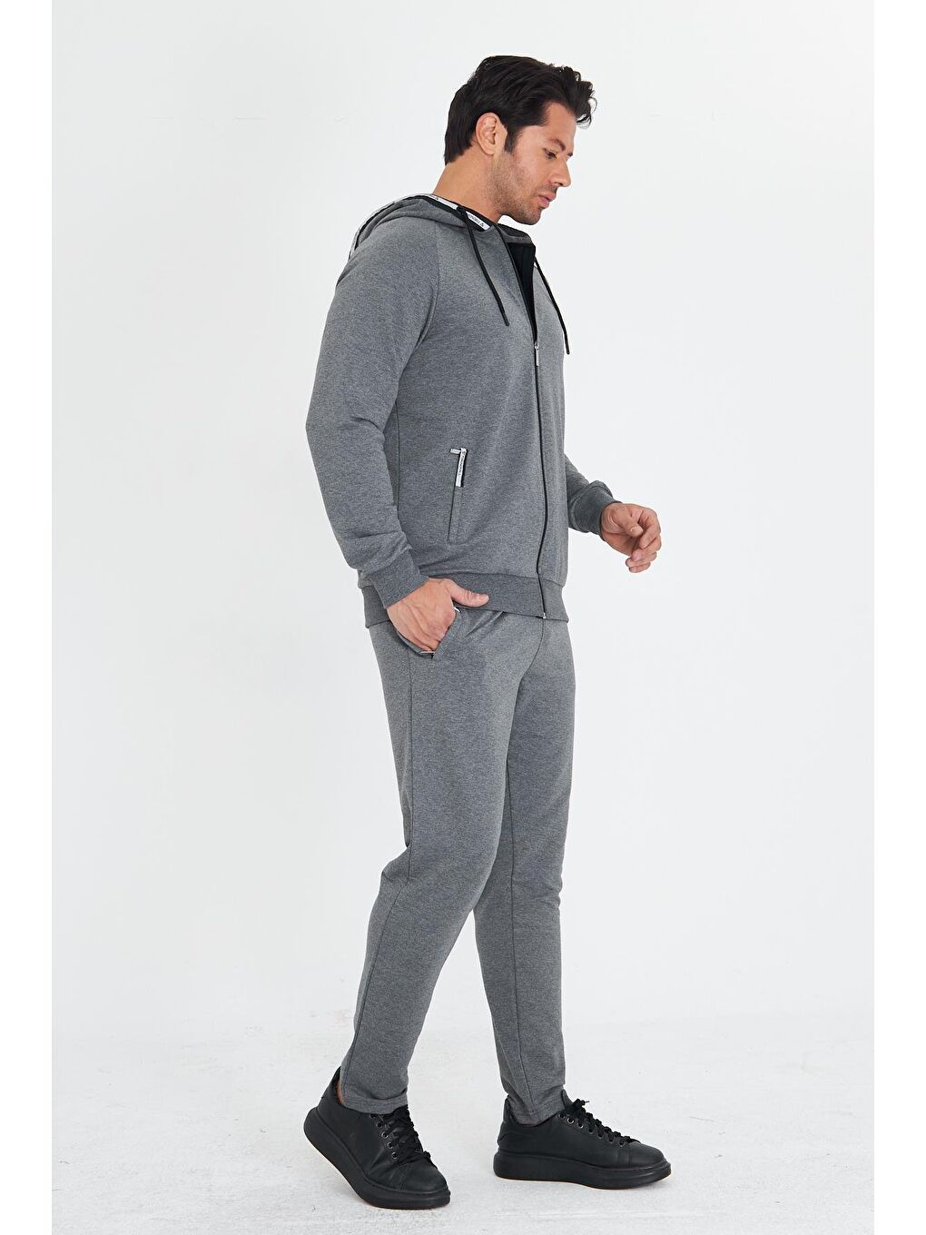 Erkek Pamuklu Kapüşonlu Eşofman Takımı Antrasit 5756-A-3