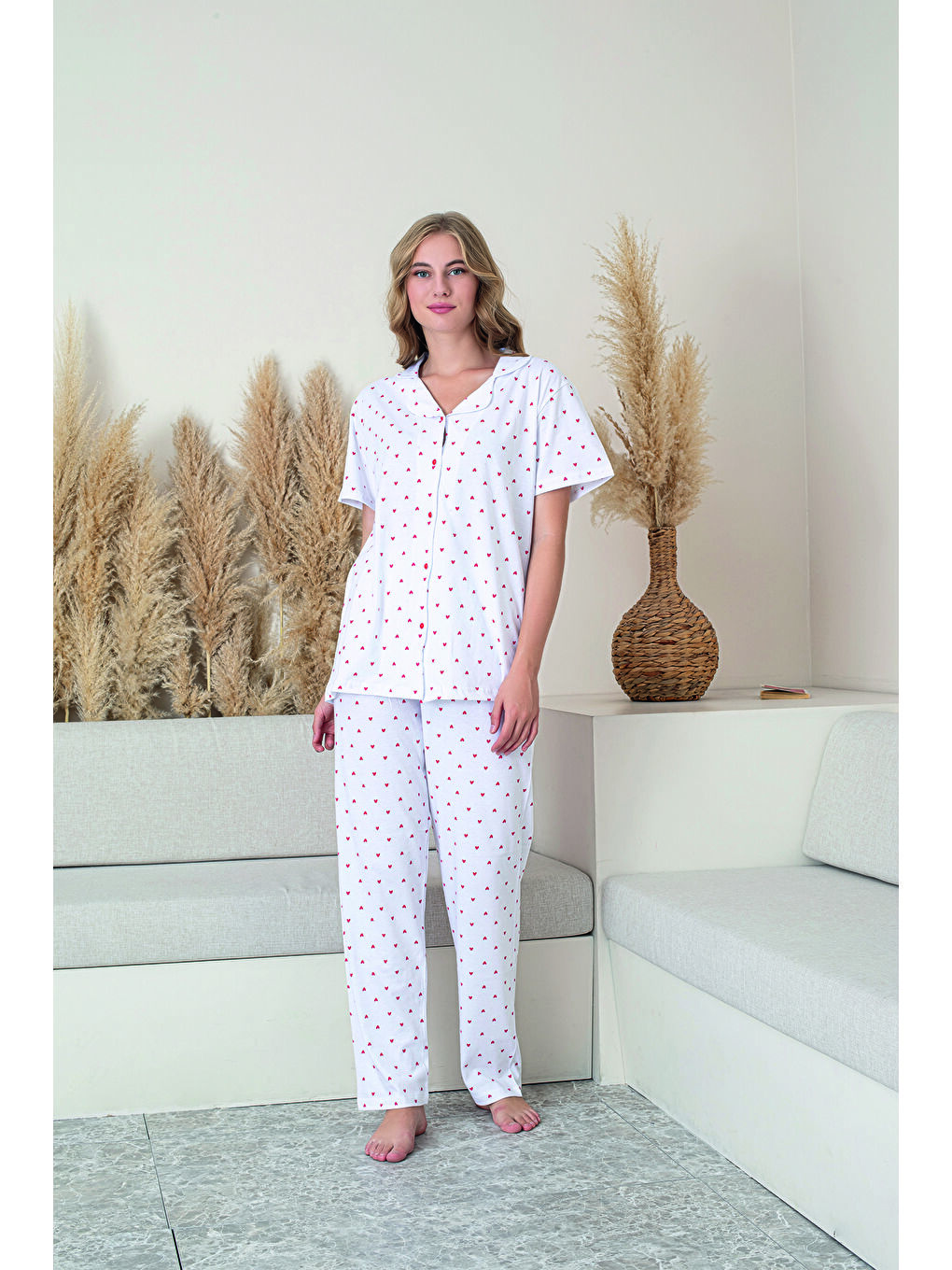 Kadın Beyaz %100 Doğal Pamuk Kalpli Gömlek Yaka Kısa Kollu Kaliteli Battal Pijama Takımı
