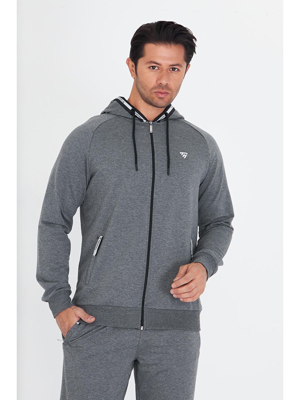 Erkek Pamuklu Kapüşonlu Eşofman Takımı Antrasit 5756-A-4