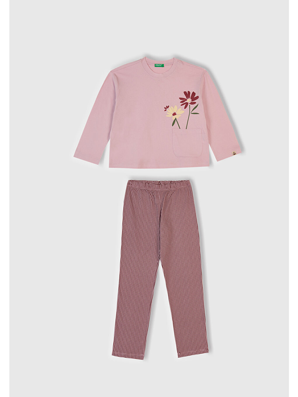 Kız Çocuk Toz Pembe-Mor Üstü Baskılı Cep Detaylı Altı Desenli Slim Fit Pijama Takımı