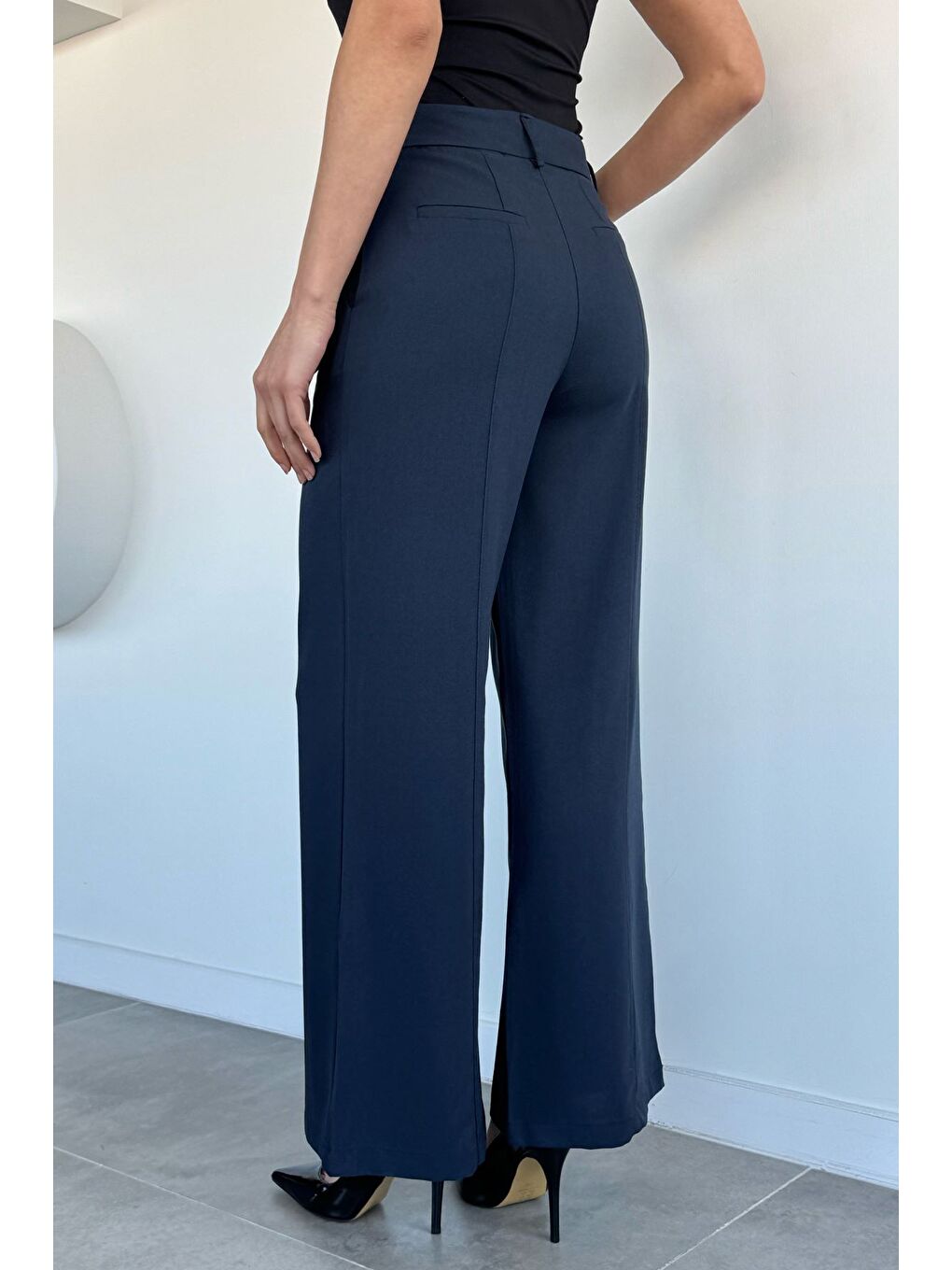 Lacivert Kadın Çimalı Bol Paça Pantolon-2