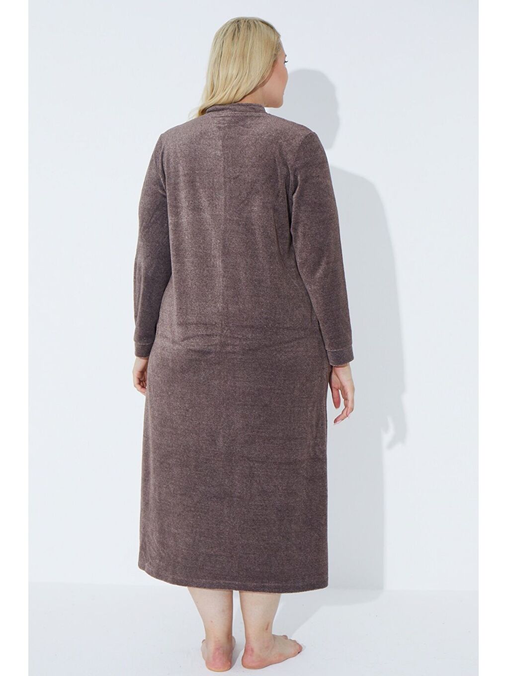 Kahverengi Lacivert Uzun Kollu Fermuarlı Nakışlı Kadın Büyük Beden Pamuklu Kadife Elbise-4