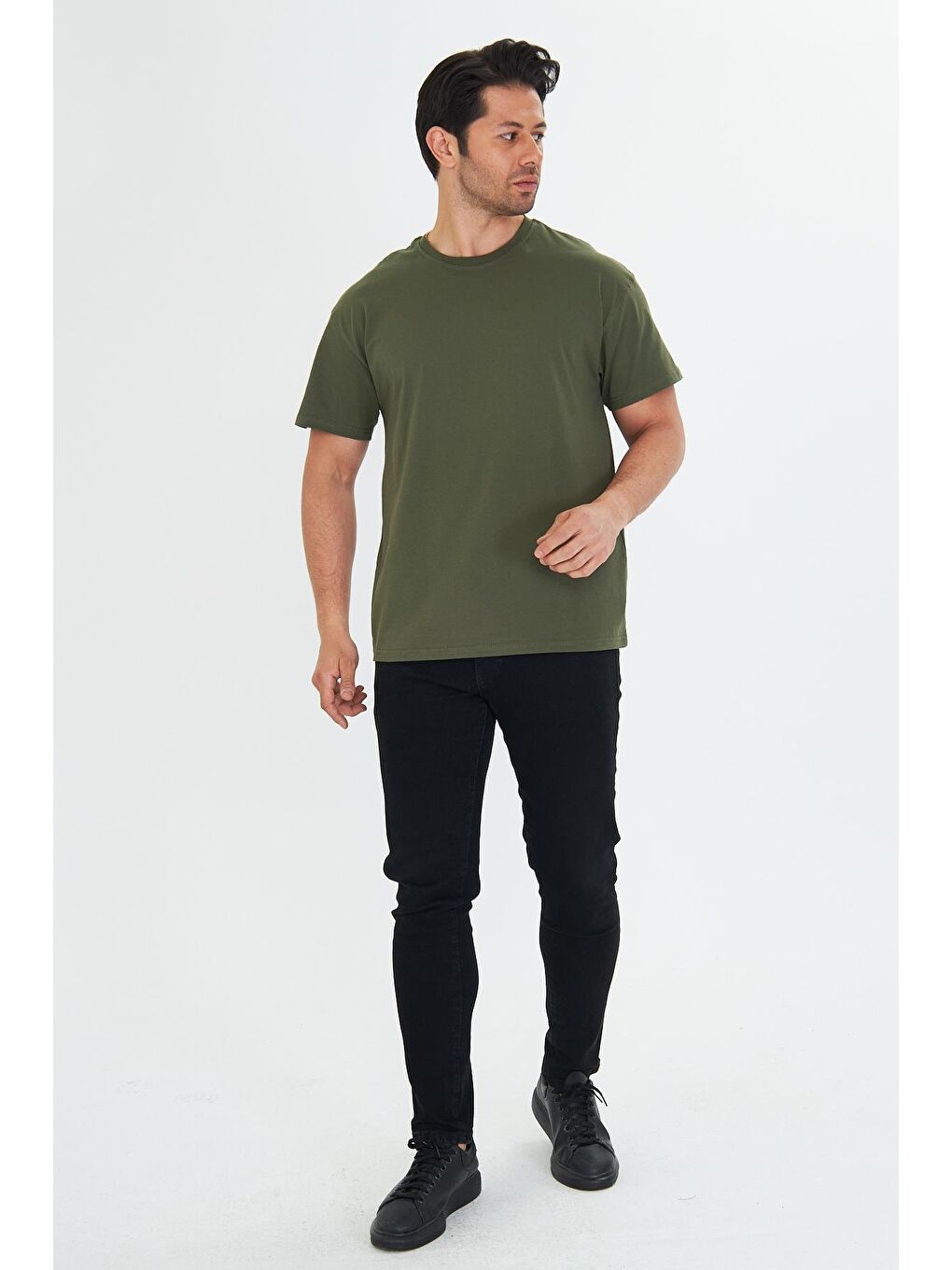 Erkek Pamuklu Bisiklet Yaka Oversize Tişört Haki 5015-H-1