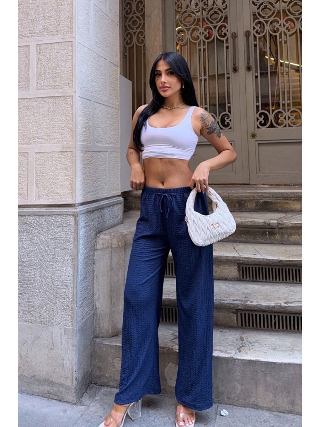 Kadın Lacivert Beli Lastikli Rahat Kesim Bürümcük Pantolon HZL25S-DSB163631-1