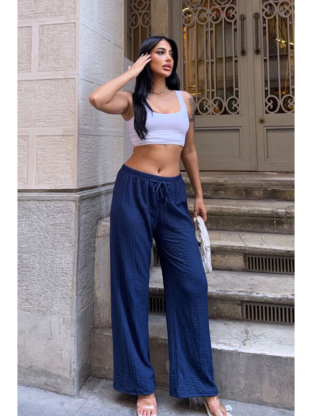 Kadın Lacivert Beli Lastikli Rahat Kesim Bürümcük Pantolon HZL25S-DSB163631-2