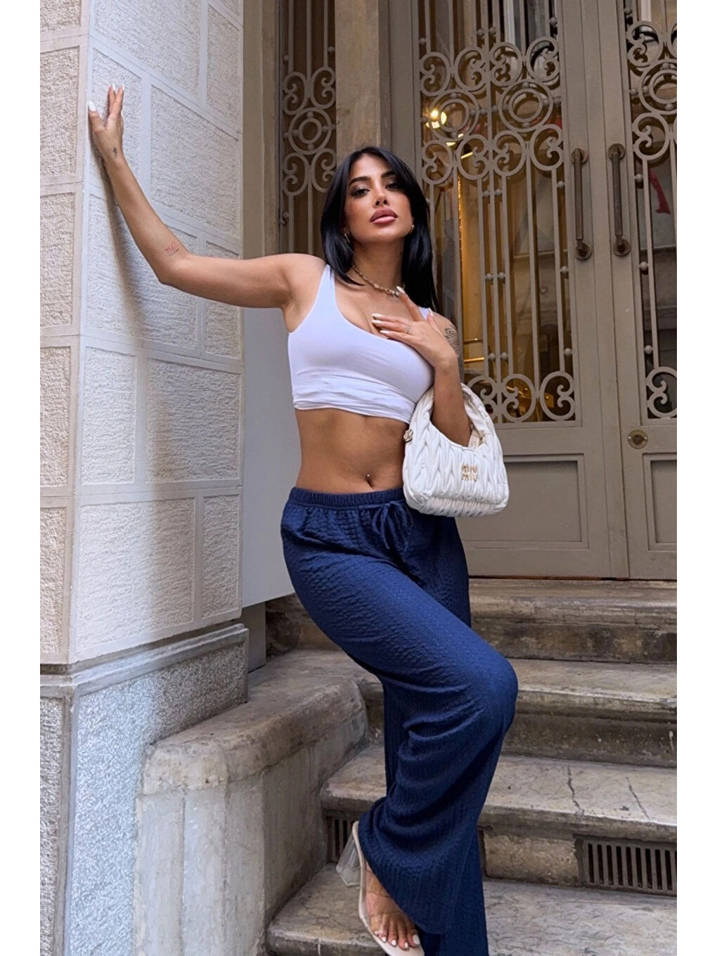 Kadın Lacivert Beli Lastikli Rahat Kesim Bürümcük Pantolon HZL25S-DSB163631-3