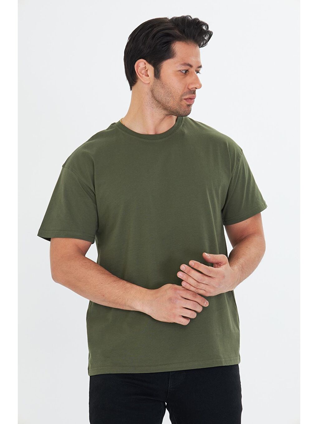 Erkek Pamuklu Bisiklet Yaka Oversize Tişört Haki 5015-H-2