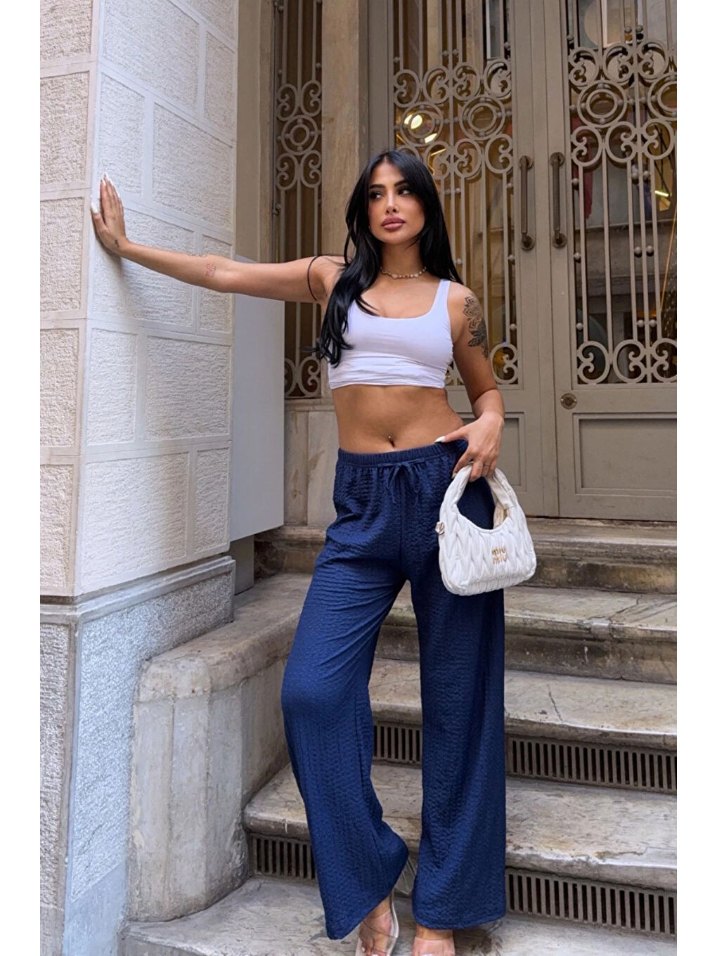 Kadın Lacivert Beli Lastikli Rahat Kesim Bürümcük Pantolon HZL25S-DSB163631-4