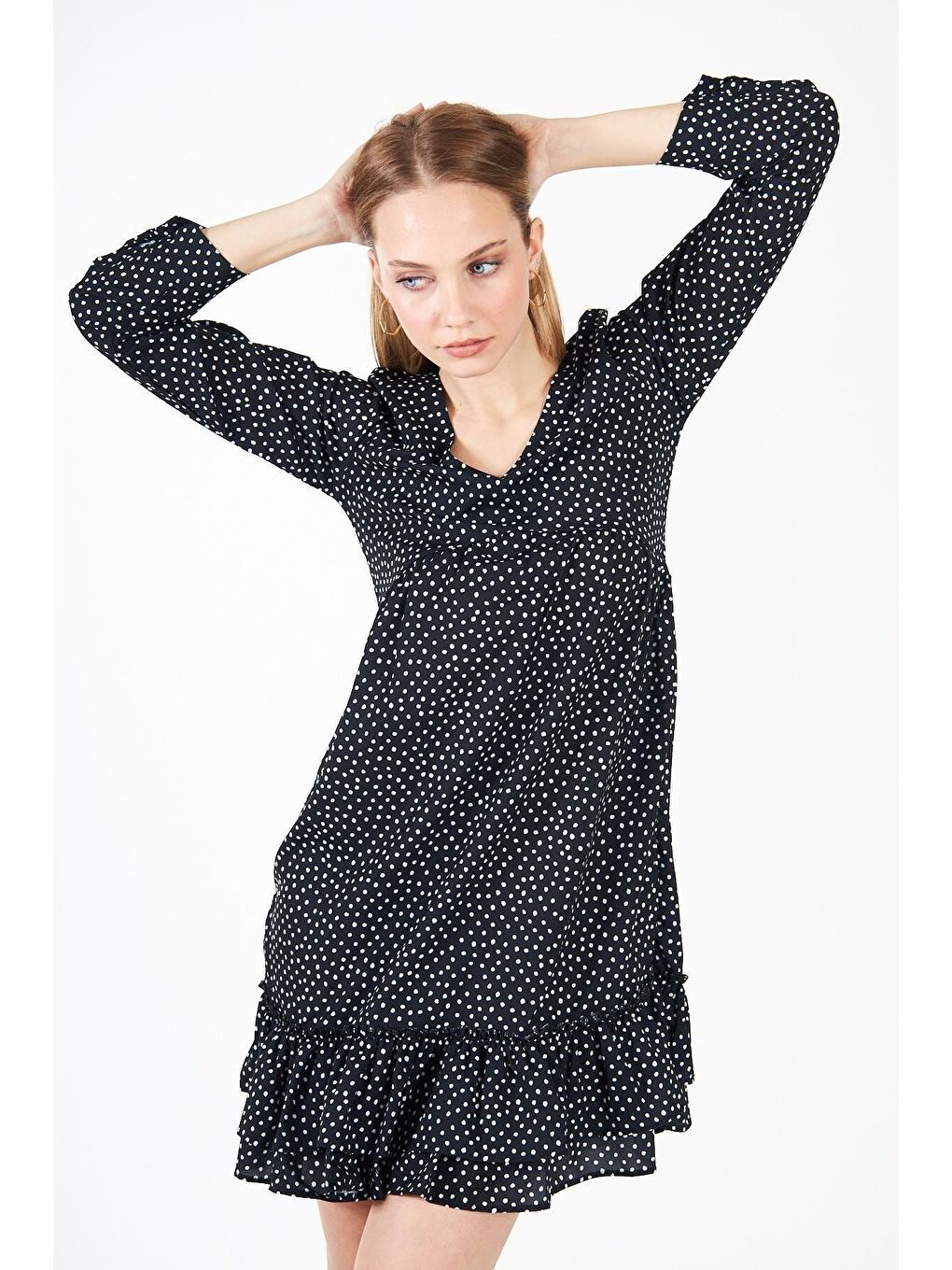 Kadın Uzun Kollu Nokta Desenli Siyah Mini Elbise