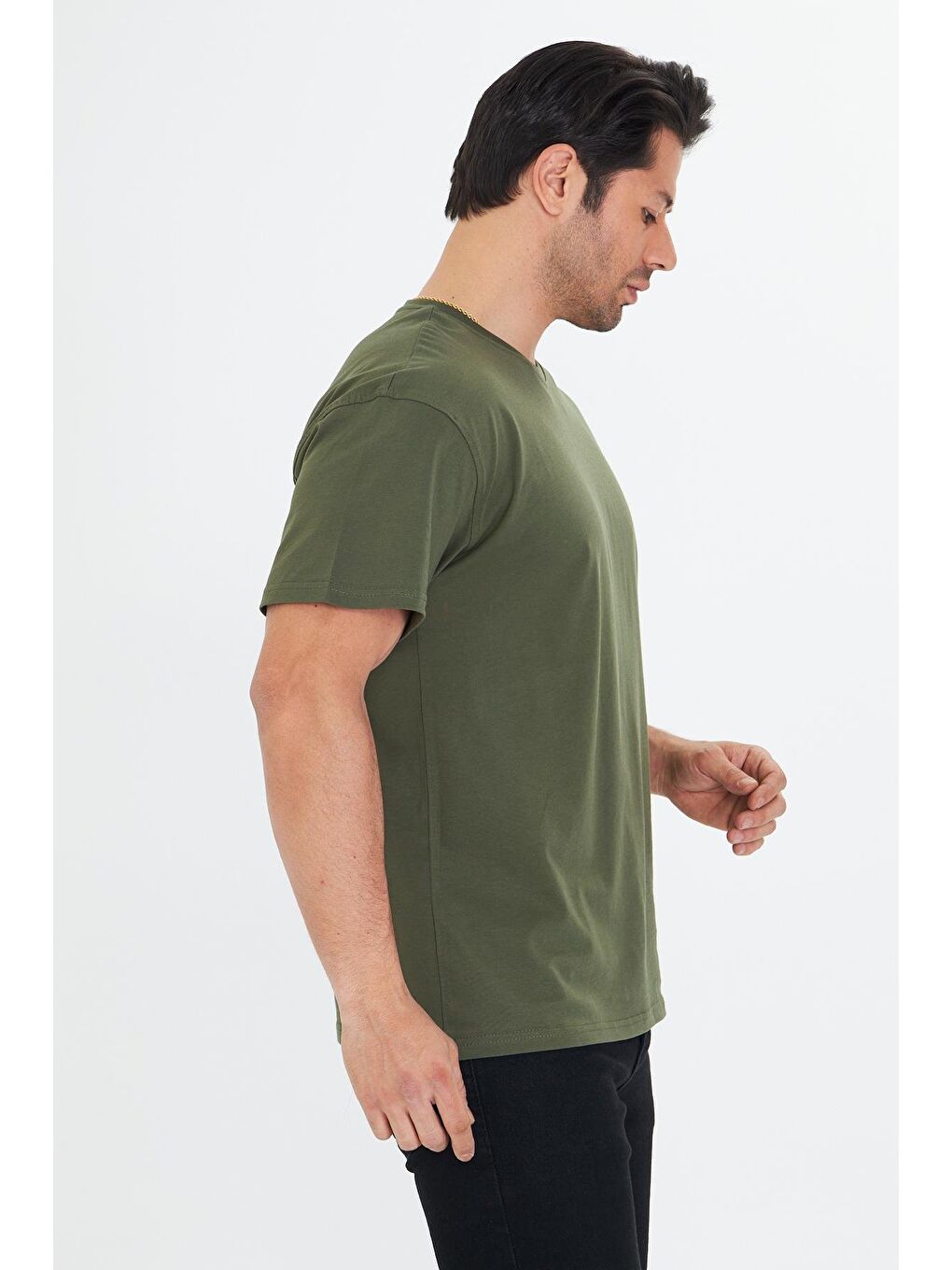 Erkek Pamuklu Bisiklet Yaka Oversize Tişört Haki 5015-H-3