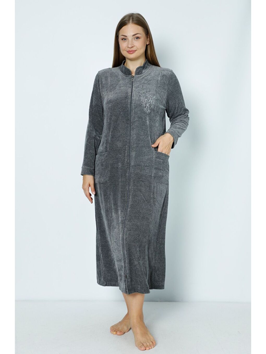 Gri Lacivert Uzun Kollu Fermuarlı Nakışlı Kadın Büyük Beden Pamuklu Kadife Elbise-2
