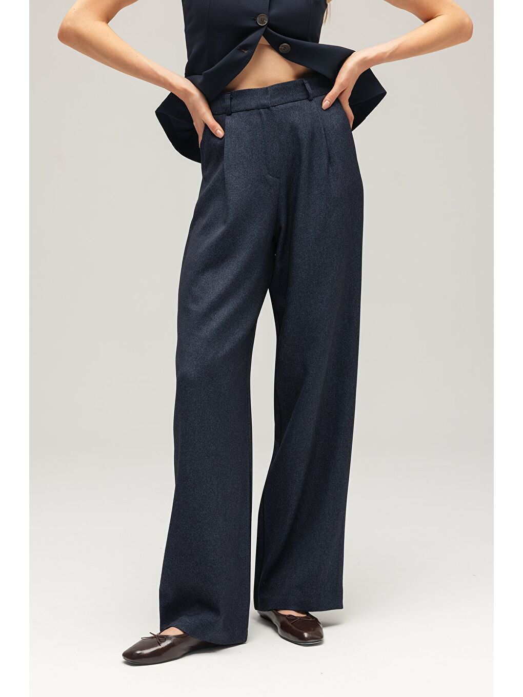 Lacivert Kadın Yün Görünümlü Yüksek Bel Geniş Paça Dokuma Pantolon