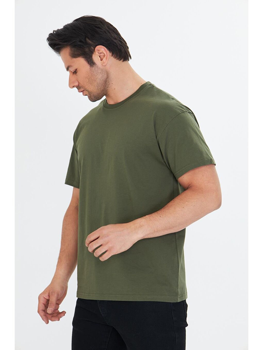 Erkek Pamuklu Bisiklet Yaka Oversize Tişört Haki 5015-H-4