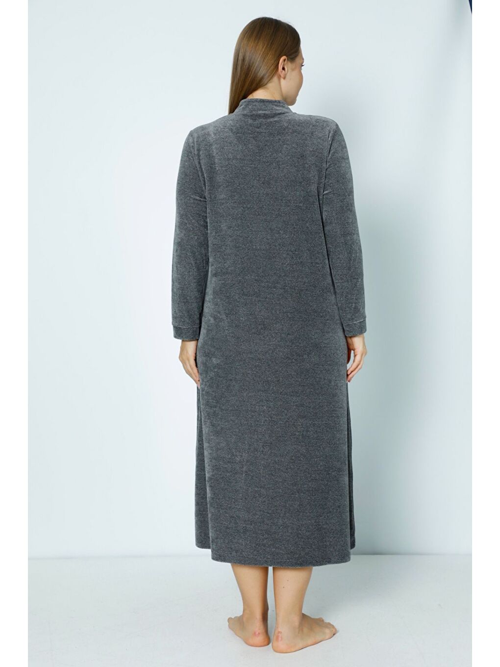 Gri Lacivert Uzun Kollu Fermuarlı Nakışlı Kadın Büyük Beden Pamuklu Kadife Elbise-3