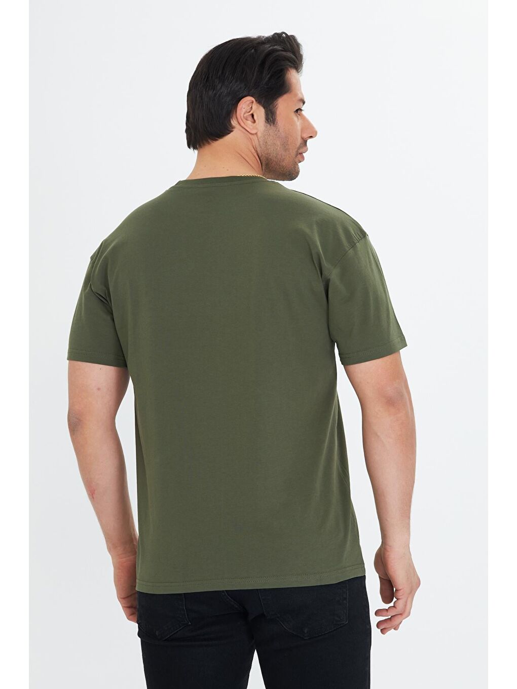 Erkek Pamuklu Bisiklet Yaka Oversize Tişört Haki 5015-H-5