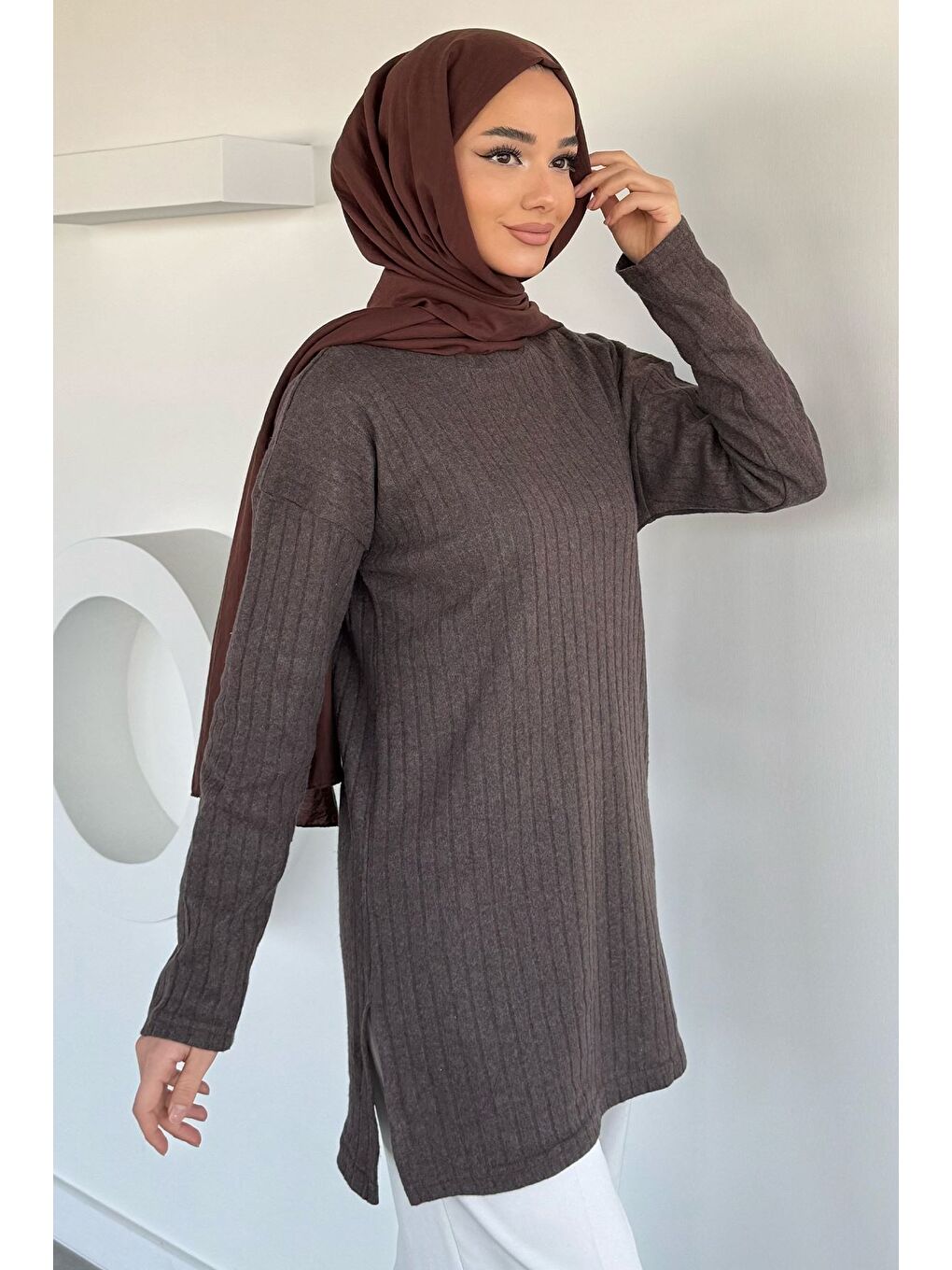 Kahverengi Fitilli Kadın Tesettür Tunik-3