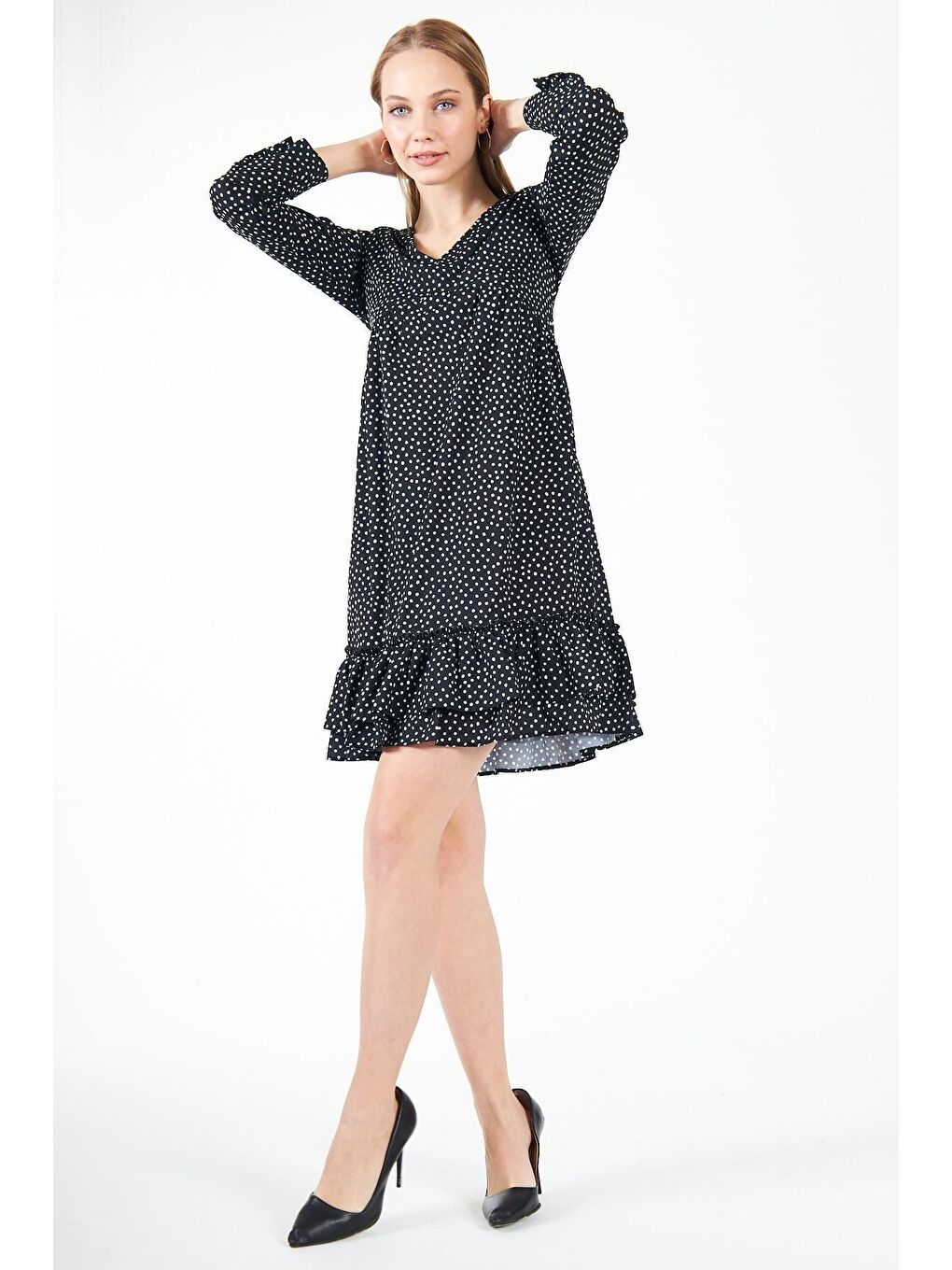 Kadın Uzun Kollu Nokta Desenli Siyah Mini Elbise-1