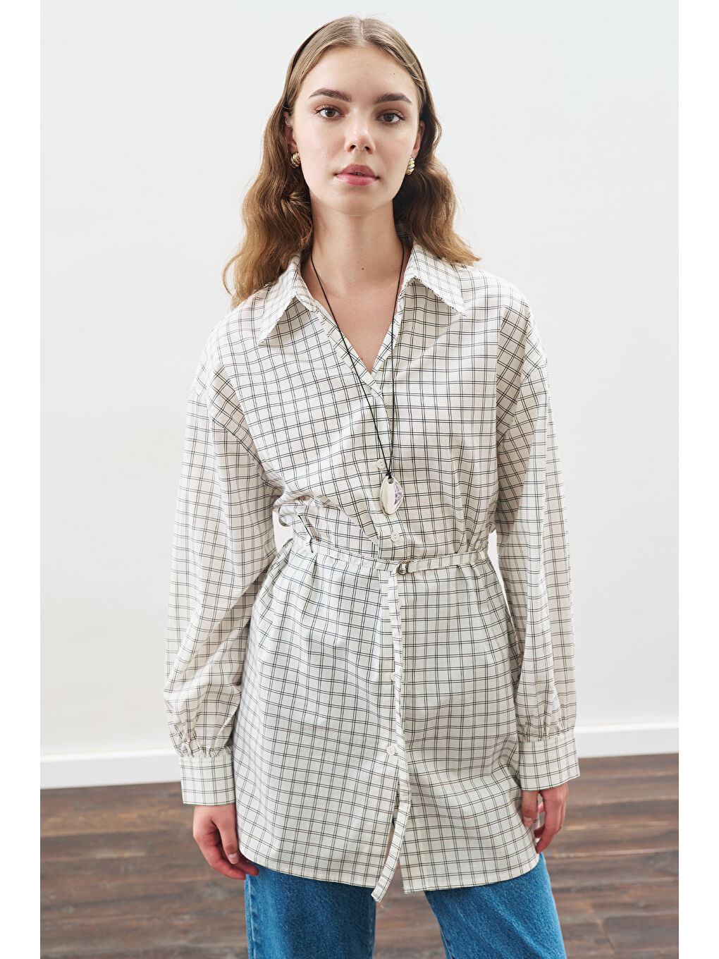 Desenli Poplin Tunik Ekru-2