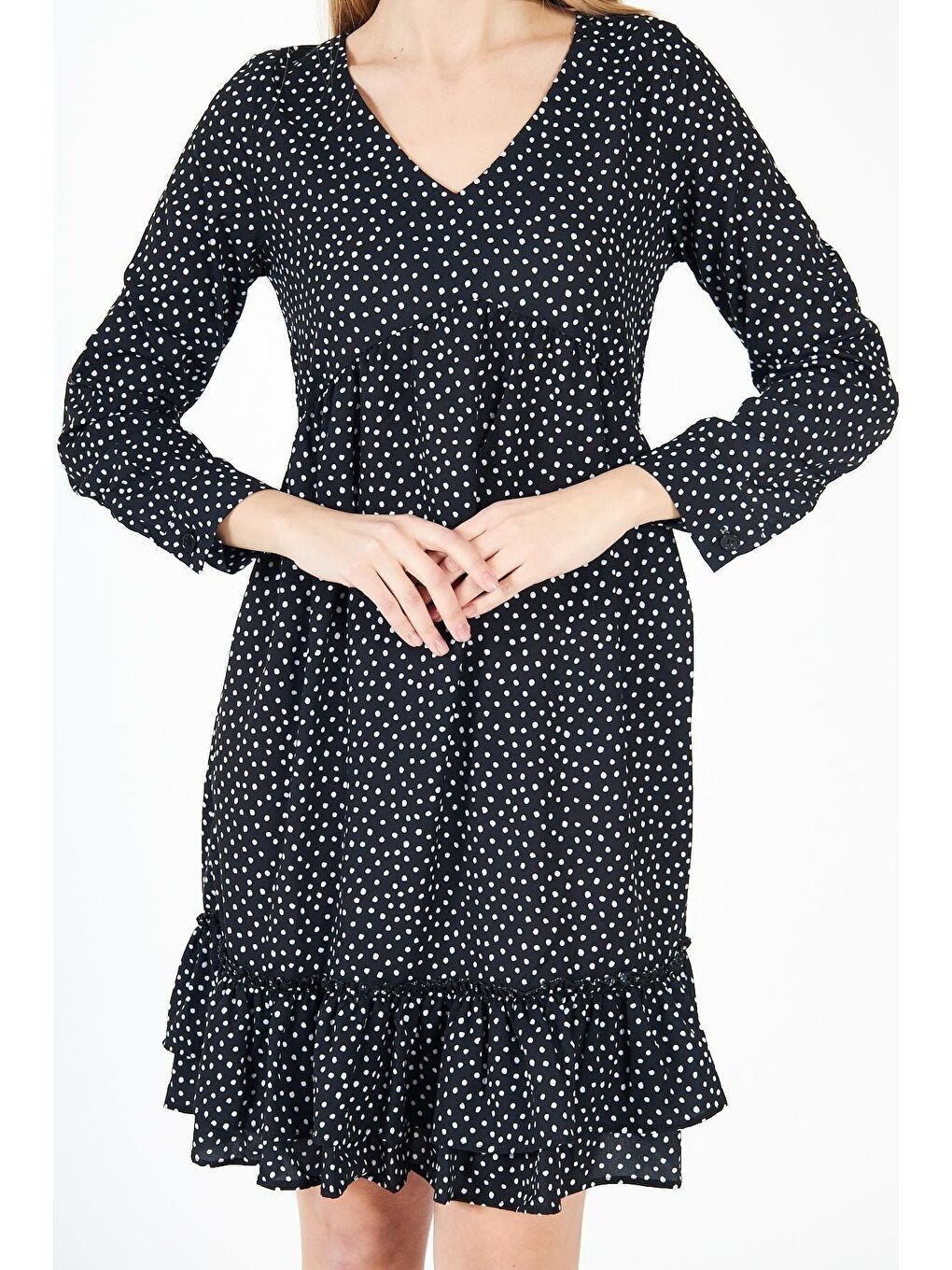 Kadın Uzun Kollu Nokta Desenli Siyah Mini Elbise-2